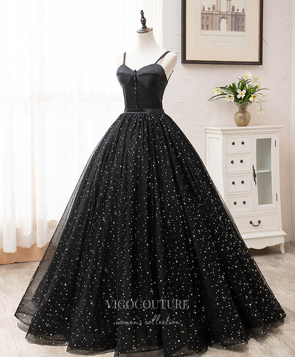 Queendancer Women Sparkly Black Long Corset Prom Dress with Slit A-Line  Beaded Spaghetti Straps Formal Dress – queendanceruk